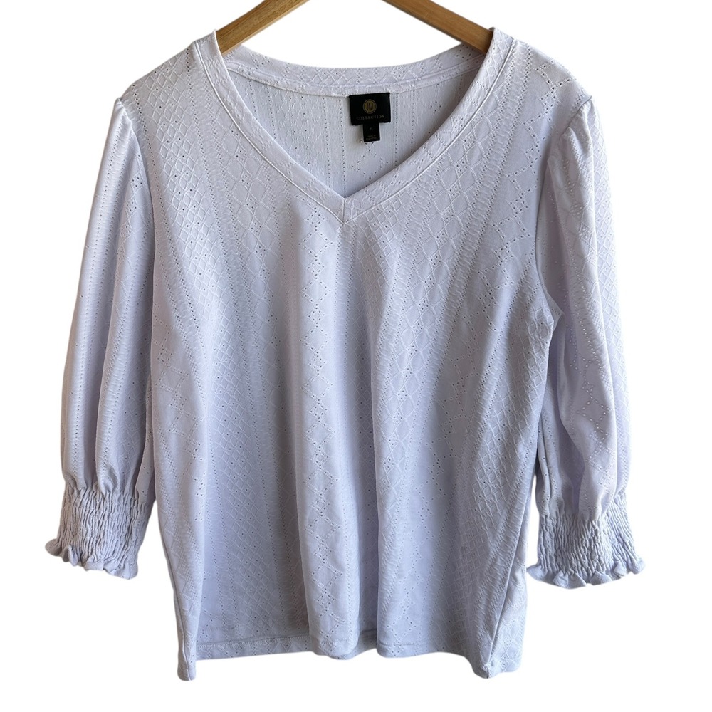 JM Collection Eyelet Top White 3/4‎ Sleeve Smocked Cuff Petite Large Classic NWT
